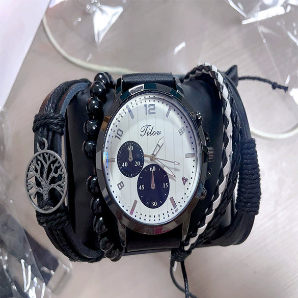 Men's Business Style Alloy Case Quartz Watch With Imitation Leather Strap And Round Dial