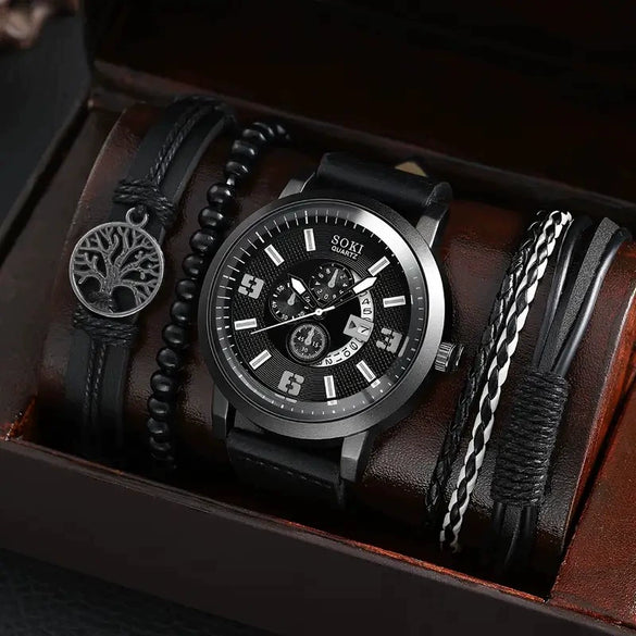 Men's Business Style Alloy Case Quartz Watch With Imitation Leather Strap And Round Dial