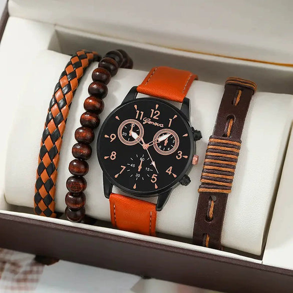Men's Business Style Alloy Case Quartz Watch With Imitation Leather Strap And Stainless Steel Clasp Round Dial