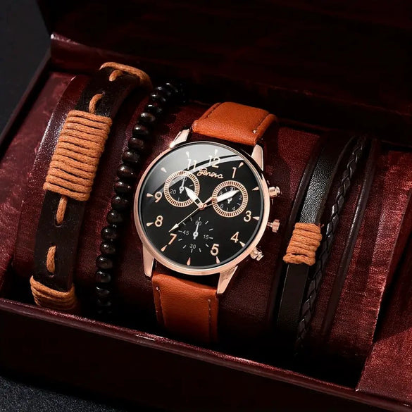 Men's Business Style Alloy Case Quartz Watch With Imitation Leather Strap And Stainless Steel Clasp Round Dial