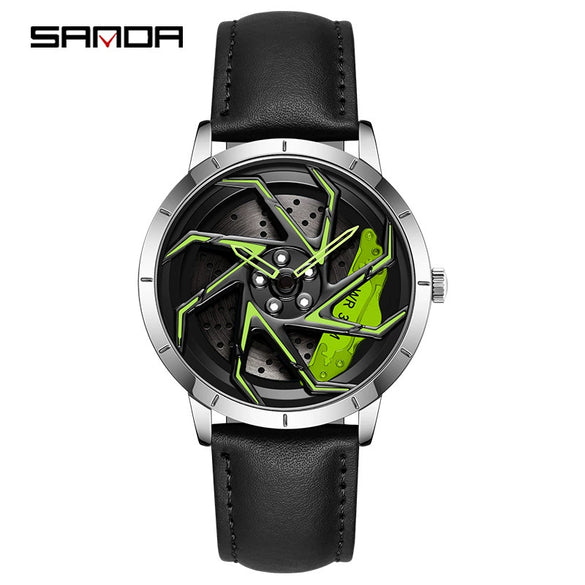 Men's Business Style Alloy Case Steel Band Round Dial Threedimensional Wheel Rotating Waterproof Quartz Watch