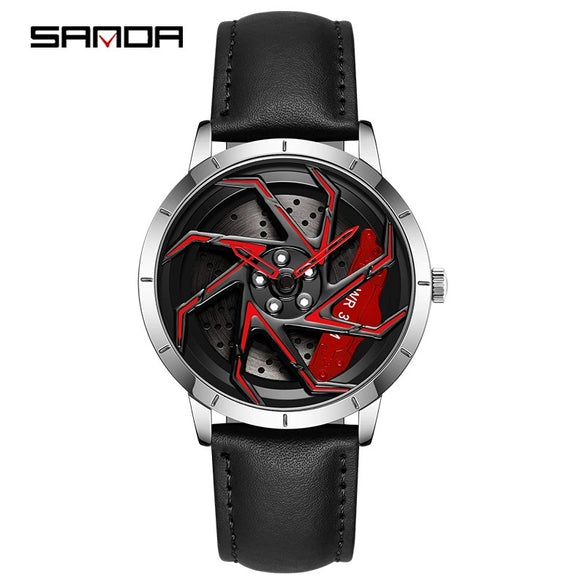 Men's Business Style Alloy Case Steel Band Round Dial Threedimensional Wheel Rotating Waterproof Quartz Watch