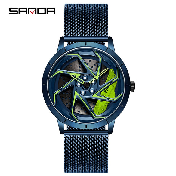 Men's Business Style Alloy Case Steel Band Round Dial Threedimensional Wheel Rotating Waterproof Quartz Watch
