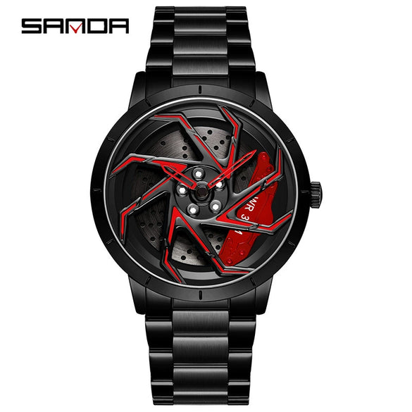 Men's Business Style Alloy Case Steel Band Round Dial Threedimensional Wheel Rotating Waterproof Quartz Watch