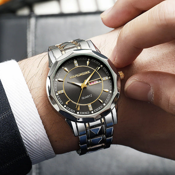 Men's Business Style Luminous Waterproof Double Calendar Quartz Watches Metal Case Stainless Steel Band Round Dial
