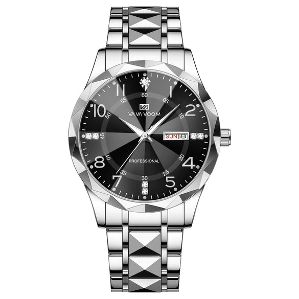 Men's Business Style Metal And Stainless Steel Watch With Round Dial And Cut Diamond Design
