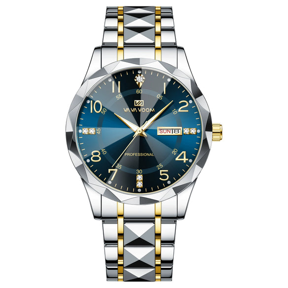 Men's Business Style Metal And Stainless Steel Watch With Round Dial And Cut Diamond Design