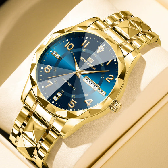 Men's Business Style Metal And Stainless Steel Watch With Round Dial And Cut Diamond Design