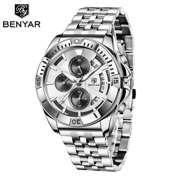 Men's Business Style Metal Case Stainless Steel Band Round Dial Quartz Multifunctional Waterproof Luminous Watch