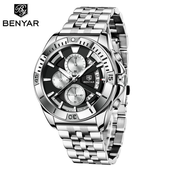Men's Business Style Metal Case Stainless Steel Band Round Dial Quartz Multifunctional Waterproof Luminous Watch