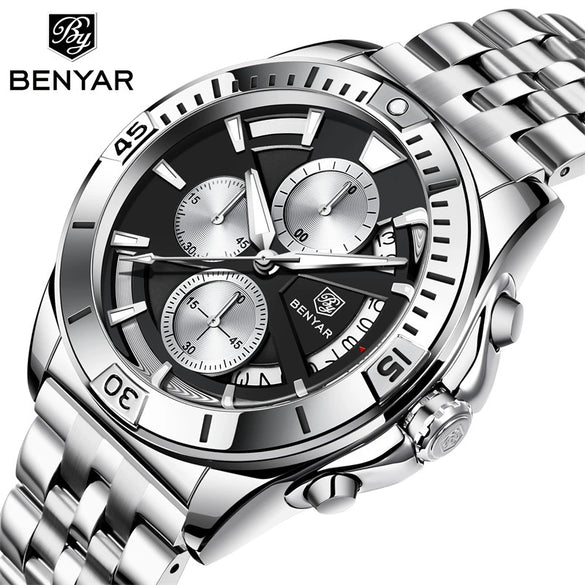Men's Business Style Metal Case Stainless Steel Band Round Dial Quartz Multifunctional Waterproof Luminous Watch