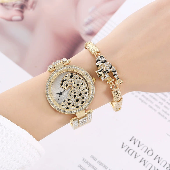 Men's Business Style Metal Case Stainless Steel Band Round Dial Quartz Watch With Animal Design And Diamond Set