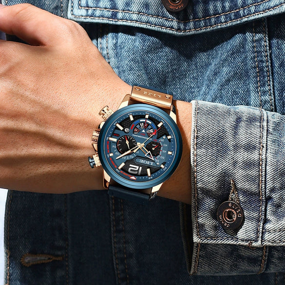 Men's Business Style Multifunctional Watch With Leather Strap Alloy Case And Stainless Steel Buckle