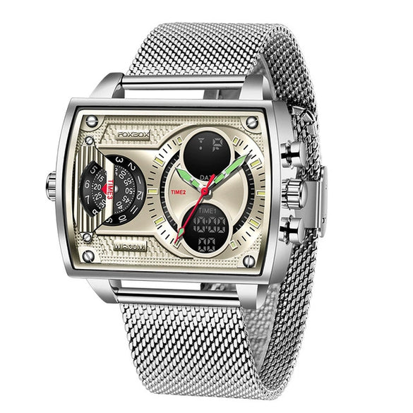 Men's Business Style Quartz Electronic Dual Display Watch Alloy Case Stainless Steel Strap Round Dial Waterproof Luminous