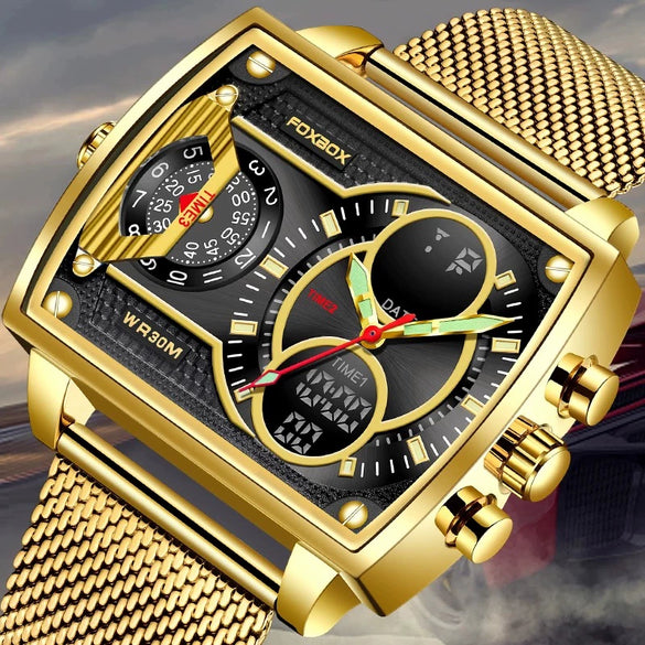 Men's Business Style Quartz Electronic Dual Display Watch Alloy Case Stainless Steel Strap Round Dial Waterproof Luminous