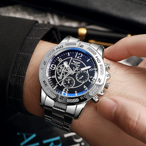 Men's Business Style Quartz Watch With Round Blue Dial Alloy Case And Stainless Steel Band