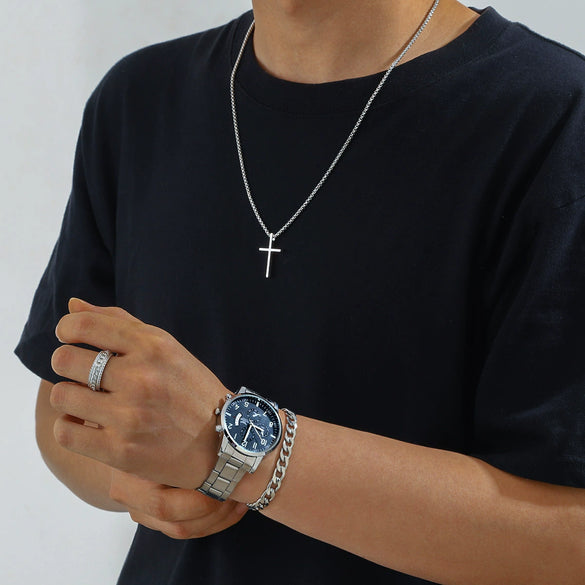 Men's Business Style Silver Watch Bracelet Necklace Ring Fourpiece Set With Zinc Alloy Case Stainless Steel Strap And Buckle Round Dial