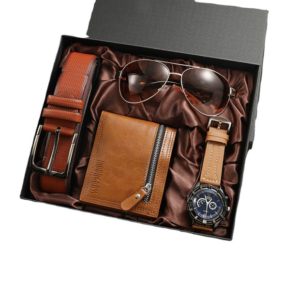Men's Business Style Watch Set With Alloy Case Imitation Leather Strap And Stainless Steel Clasp Round Dial