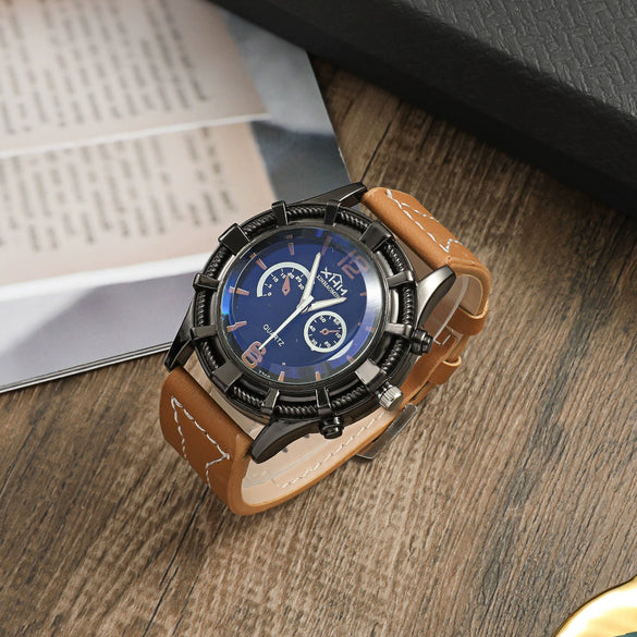 Men's Business Style Watch Set With Alloy Case Imitation Leather Strap And Stainless Steel Clasp Round Dial
