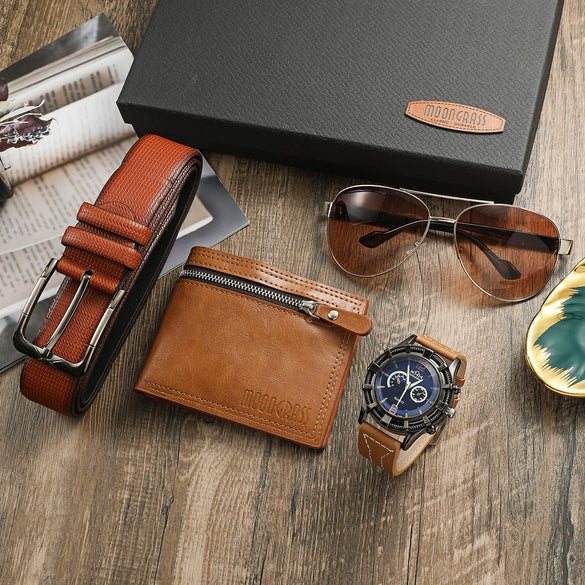 Men's Business Style Watch Set With Alloy Case Imitation Leather Strap And Stainless Steel Clasp Round Dial