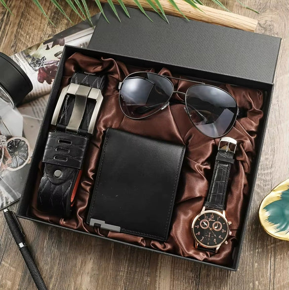 Men's Business Style Watch Set With Imitation Leather Strap Alloy Case And Round Dial