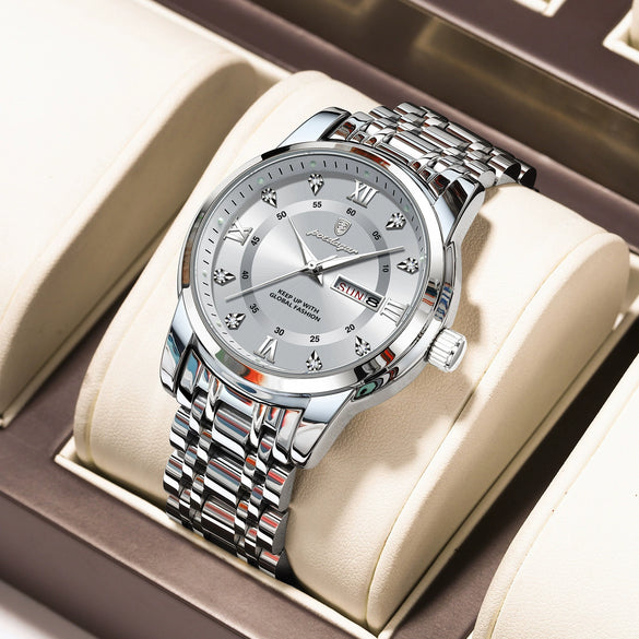 Men's Business Style Waterproof Alloy Case Stainless Steel Band Round Dial Sapphire Glass Mirror Quartz Watch