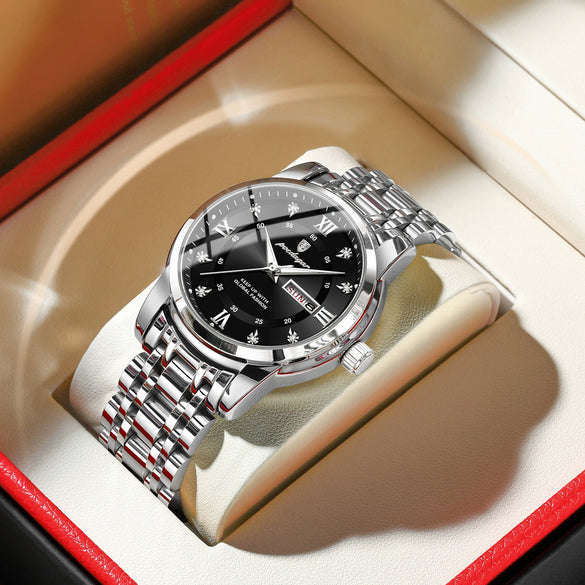 Men's Business Style Waterproof Alloy Case Stainless Steel Band Round Dial Sapphire Glass Mirror Quartz Watch