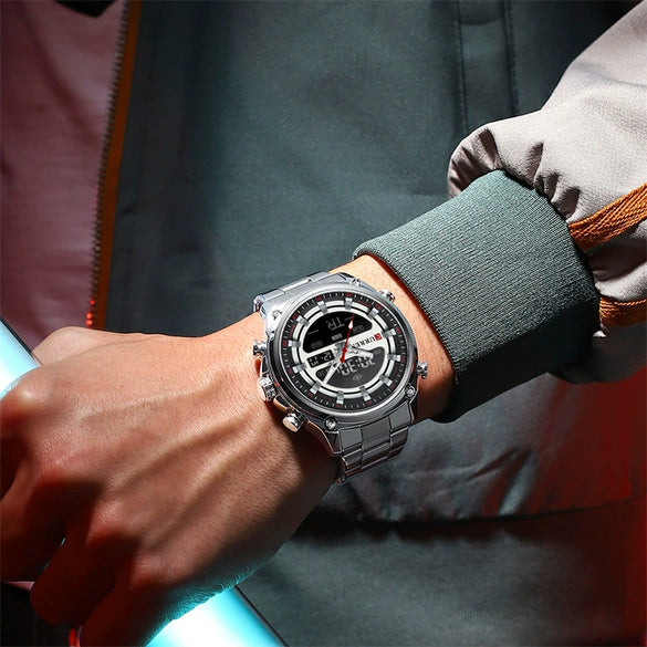 Men's Business Watch Steel Band Round Metal Case Stainless Steel Strap Dual Movement Chronograph Luminous