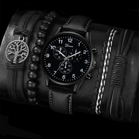 Men's Casual Alloy Case Stainless Steel Buckle Imitation Leather Strap Round Dial Quartz Watch