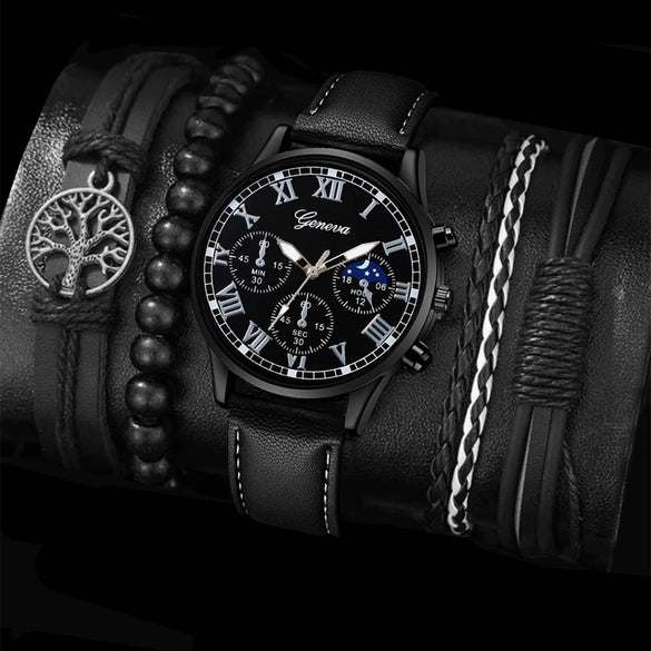 Men's Casual Alloy Case Stainless Steel Buckle Imitation Leather Strap Round Dial Quartz Watch