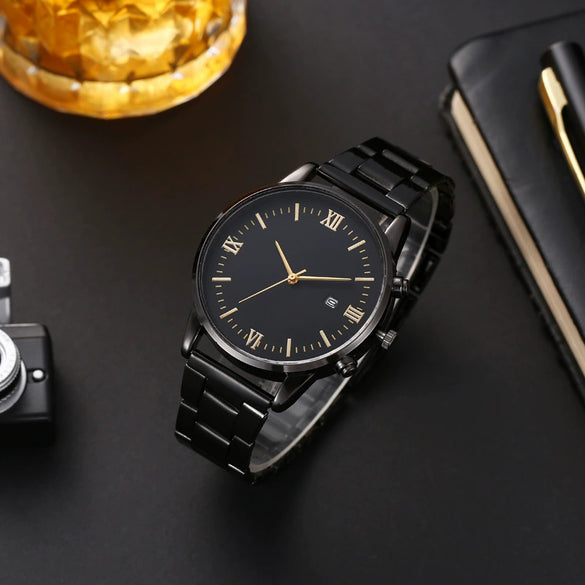 Men's Casual Alloy Iron Belt Quartz Watch With Roman Numerals And Round Dial