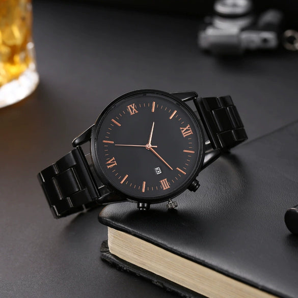 Men's Casual Alloy Iron Belt Quartz Watch With Roman Numerals And Round Dial