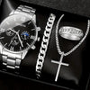 Men's Casual Alloy Quartz Watch With Fake Three Eye Calendar Roman Scale And Round Dial