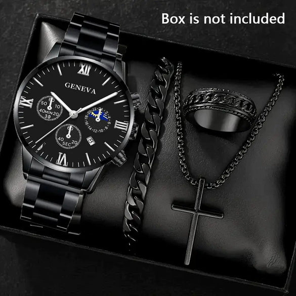 Men's Casual Alloy Quartz Watch With Fake Three Eye Calendar Roman Scale And Round Dial