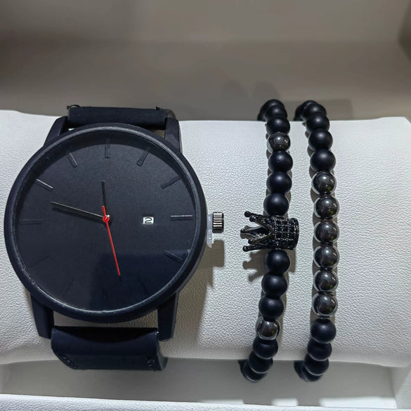 Men's Casual Business Style Alloy Belt Watch And Bracelet Threepiece Set With Round Dial