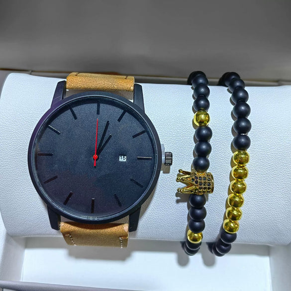 Men's Casual Business Style Alloy Belt Watch And Bracelet Threepiece Set With Round Dial