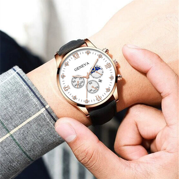 Men's Casual Fashion Quartz Watch And Belt Set With Alloy Case Imitation Leather Strap And Stainless Steel Clasp Round Dial