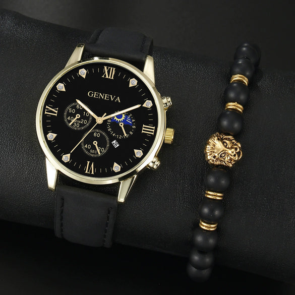 Men's Casual Fashion Quartz Watch And Belt Set With Alloy Case Imitation Leather Strap And Stainless Steel Clasp Round Dial