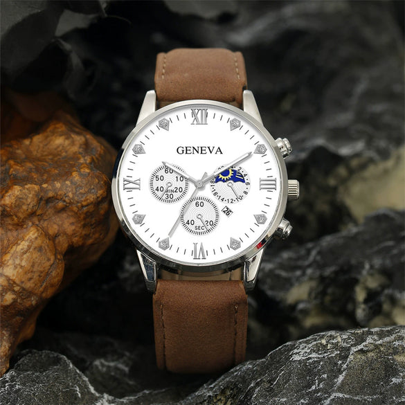 Men's Casual Fashion Quartz Watch And Belt Set With Alloy Case Imitation Leather Strap And Stainless Steel Clasp Round Dial