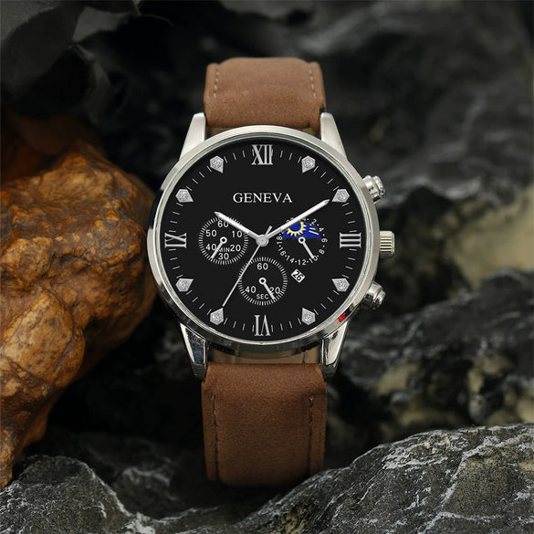 Men's Casual Fashion Quartz Watch And Belt Set With Alloy Case Imitation Leather Strap And Stainless Steel Clasp Round Dial