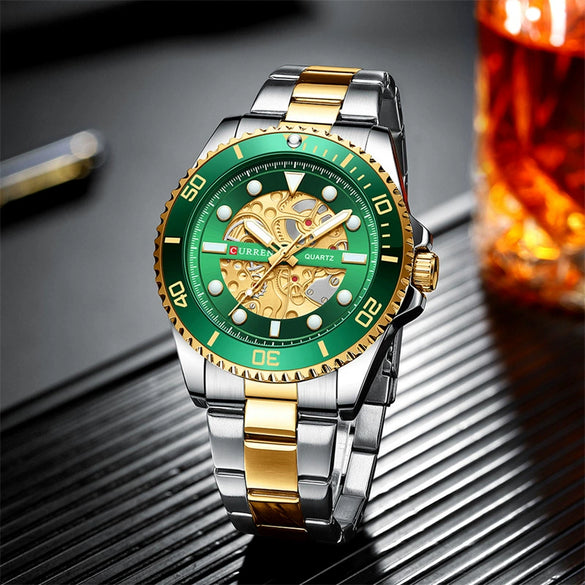 Men's Casual Hollow Creative Quartz Wrist Watch Metal Case Stainless Steel Band Round Dial