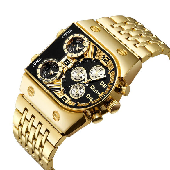 Men's Casual Metal And Stainless Steel Rectangle Dial Luminous Multitime Zone Watch