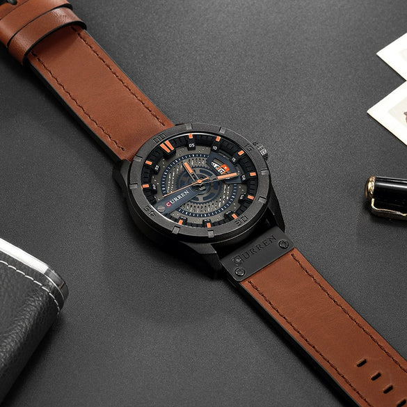 Men's Casual Metal Leather Quartz Watch With Round Dial