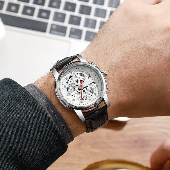 Men's Casual Quartz Watch With Hollow Design Alloy Case Imitation Leather Strap Round Dial