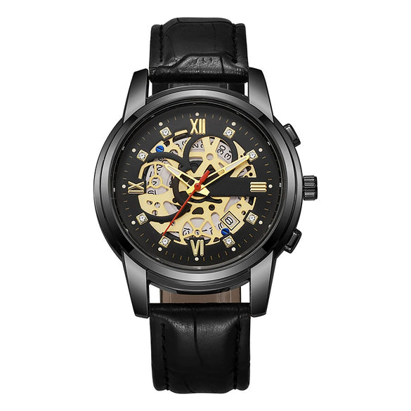 Men's Casual Quartz Watch With Hollow Design Alloy Case Imitation Leather Strap Round Dial