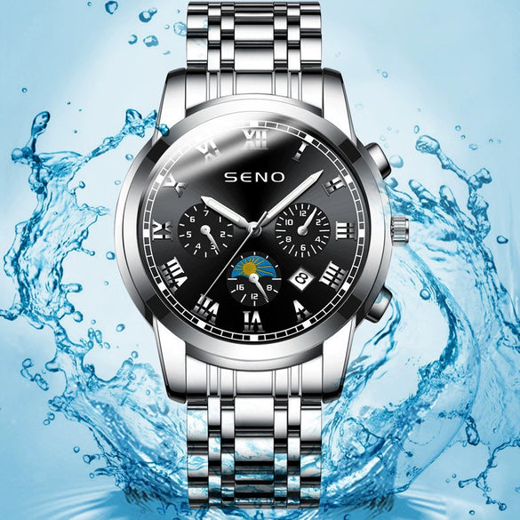 Men's Casual Quartz Watch With Sun Moon And Stars Pattern Waterproof Calendar Luminous Stainless Steel Clasp Alloy Case And Strap Round Dial