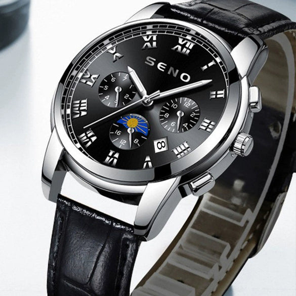 Men's Casual Quartz Watch With Sun Moon And Stars Pattern Waterproof Calendar Luminous Stainless Steel Clasp Alloy Case And Strap Round Dial
