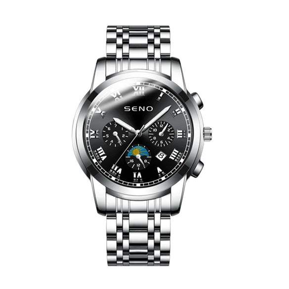 Men's Casual Quartz Watch With Sun Moon And Stars Pattern Waterproof Calendar Luminous Stainless Steel Clasp Alloy Case And Strap Round Dial
