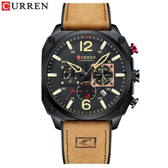 Men's Casual Stainless Steel Quartz Watch With Genuine Leather Strap And Round Dial