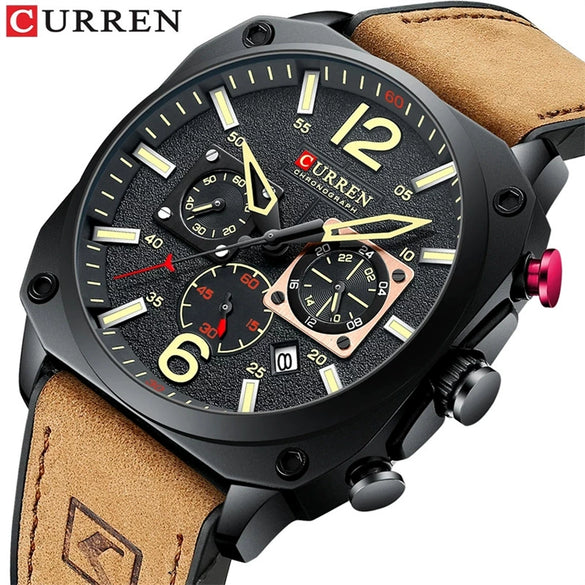 Men's Casual Stainless Steel Quartz Watch With Genuine Leather Strap And Round Dial